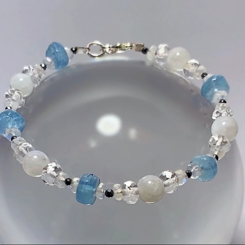 Genuine Aquamarine, Moonstone & Hematite Bracelet!
